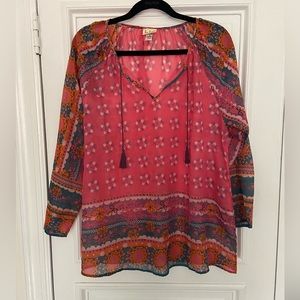 Natural Life Colorful Sheer Tunic Blouse Boho Pink Purple Blue Longsleeve Medium